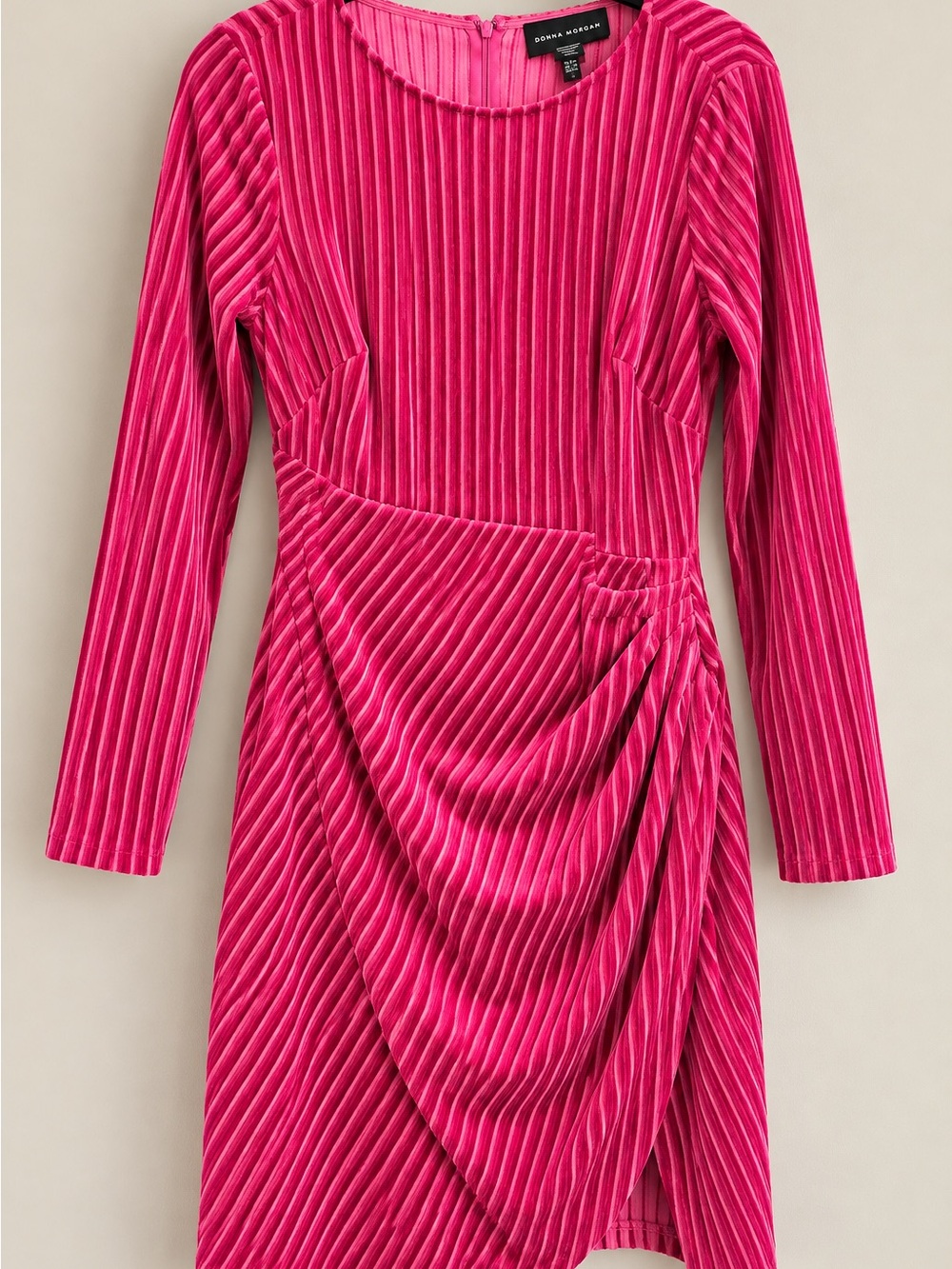 Donna Morgan Hot Pink Pleated Velvet Long-Sleeve Wrap Dress